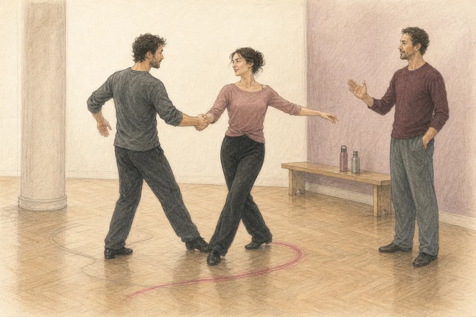 Illustrazione di una coppia che ritrova il ritmo dopo un errore con l’insegnante che osserva