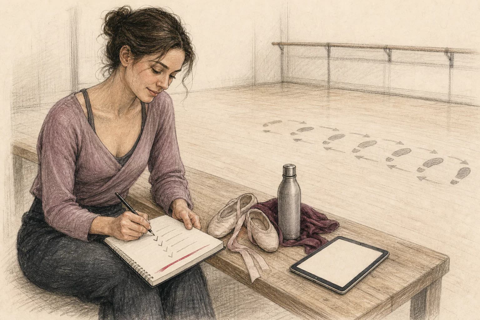 Illustrazione di una donna che annota progressi concreti dopo una lezione di danza