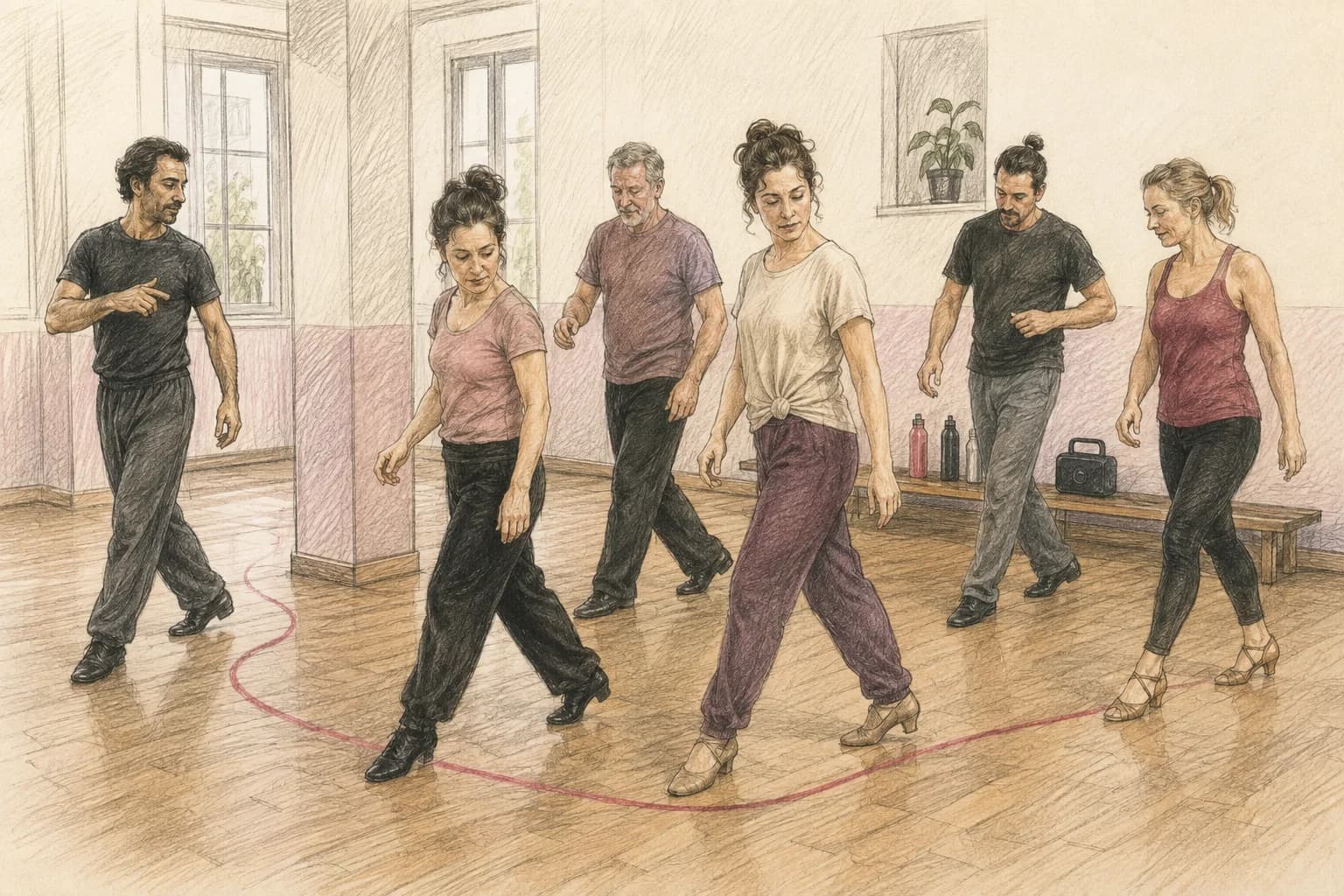 Illustrazione di adulti che imparano a orientarsi durante un corso di ballo di gruppo