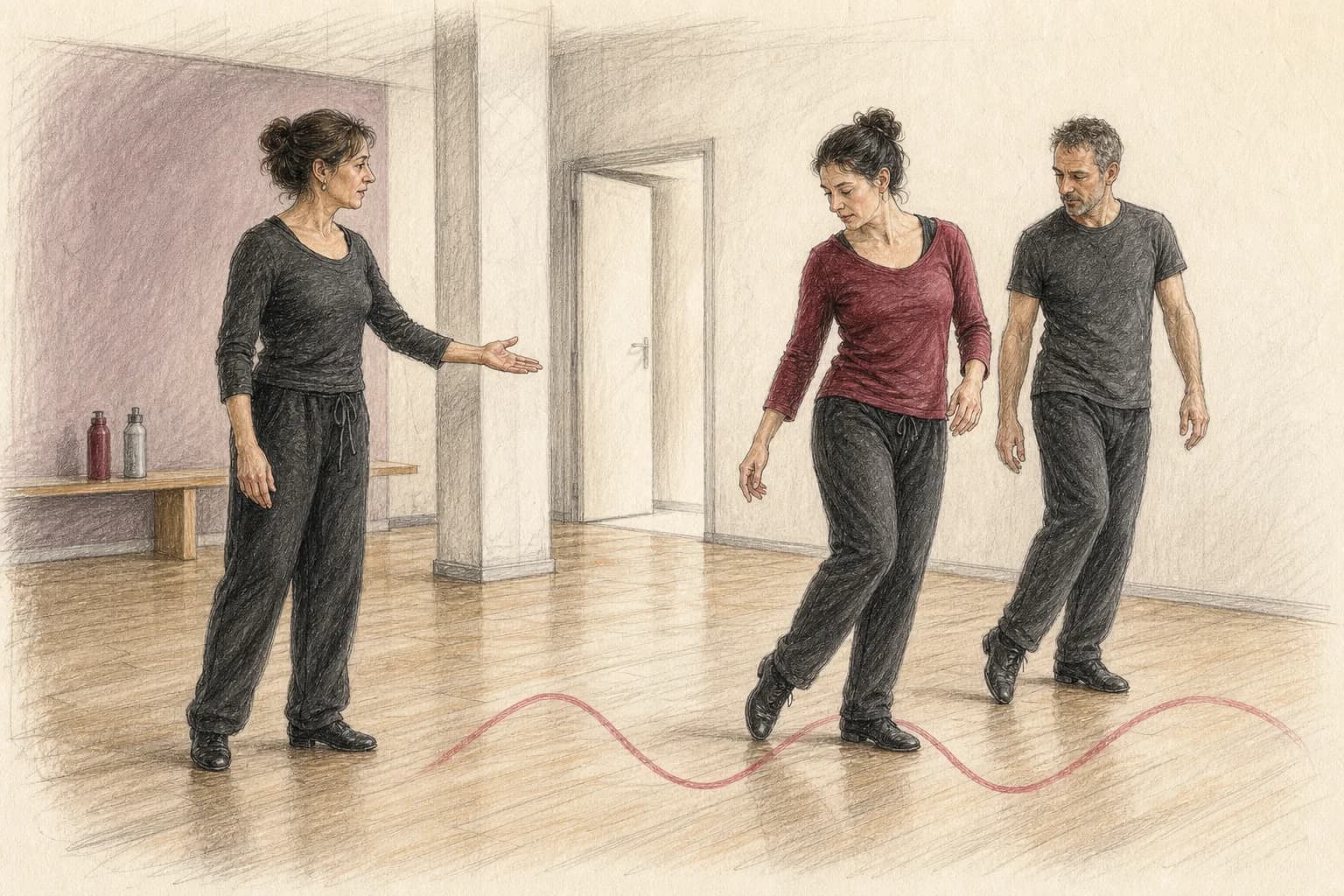 Illustrazione di un insegnante che osserva e chiarisce un passaggio a due adulti durante una lezione di prova
