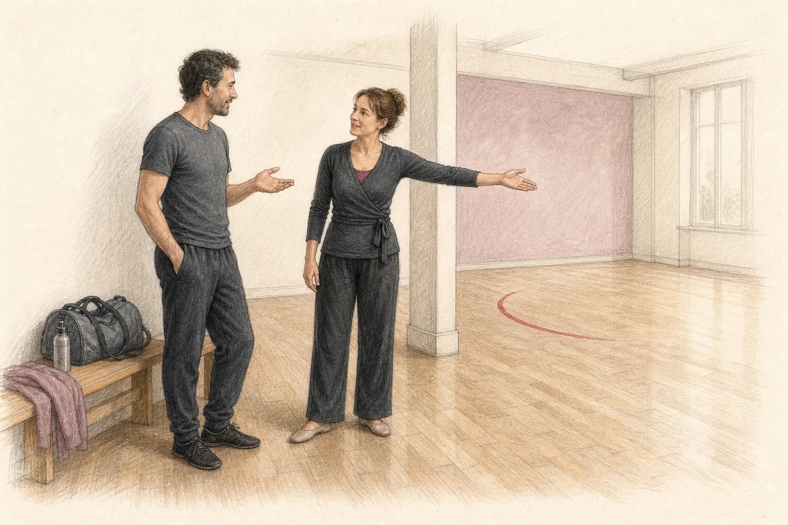 Illustrazione di una principiante che parla con l’insegnante prima dell’inizio della lezione