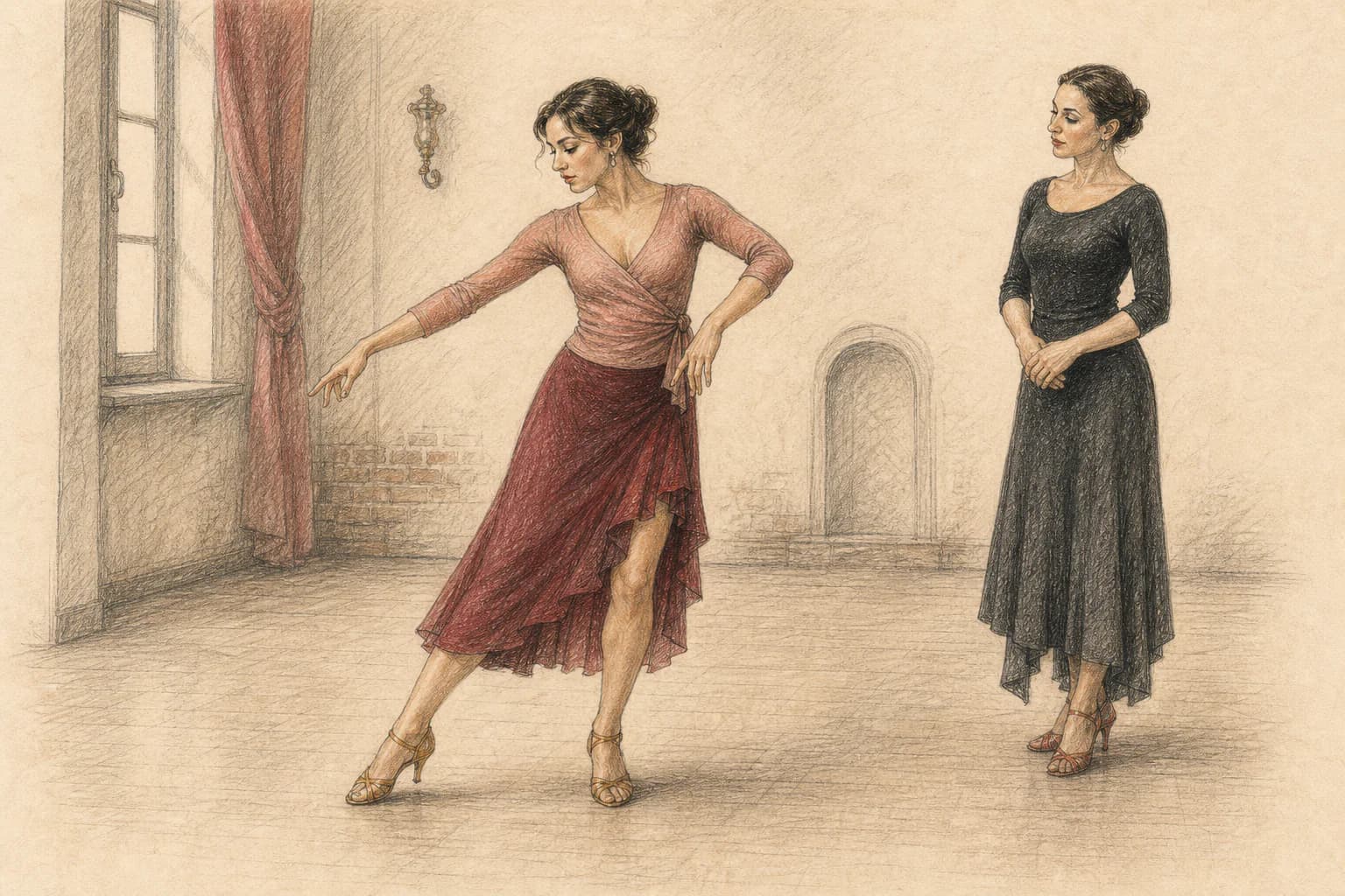 Illustrazione di una donna che prova un passo laterale di Rumba e raccoglie il piede libero sotto il corpo