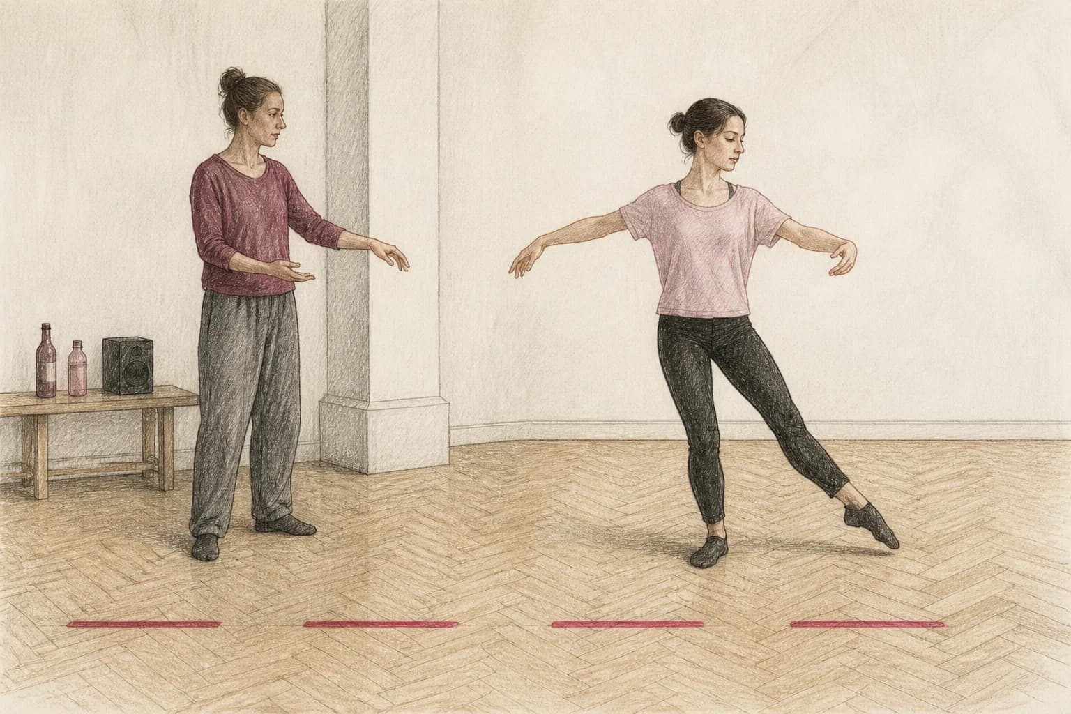 Illustrazione di una principiante che segue una sequenza ordinata di piccoli esercizi di ballo