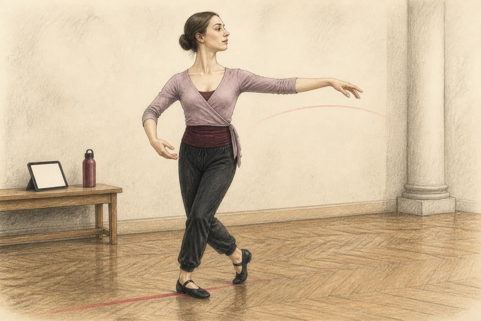Illustrazione di una ballerina che completa il peso prima di aprire il braccio in una linea semplice