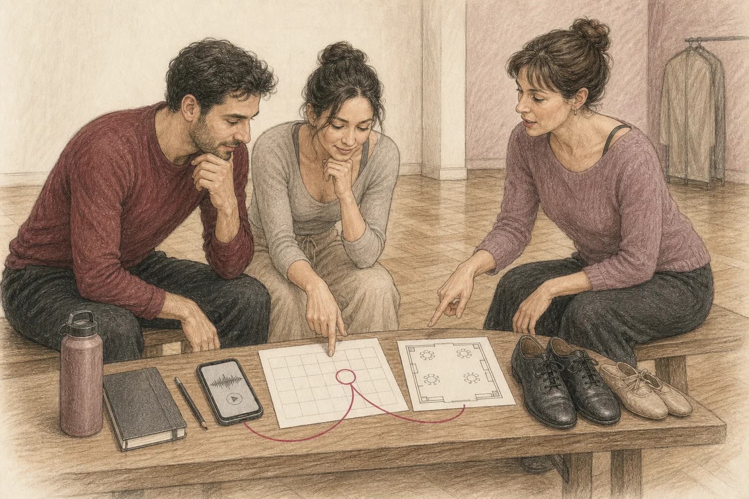 Illustrazione di una coppia che pianifica il primo ballo con musica, calendario e forma della pista