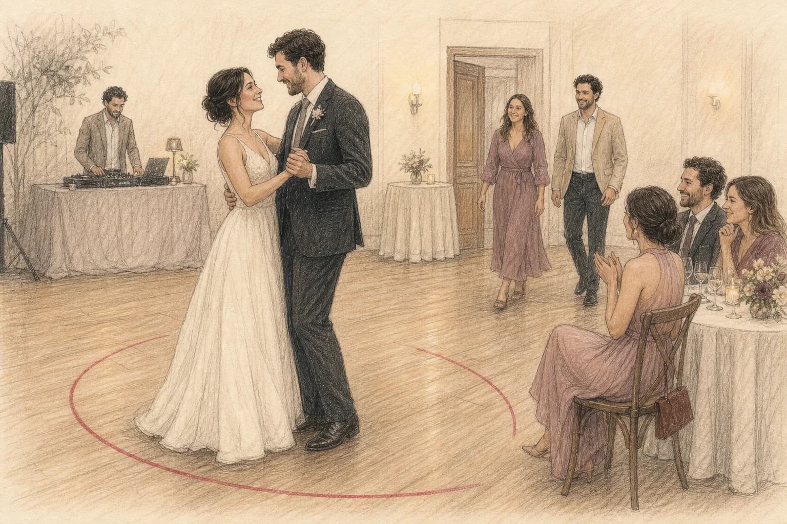 Illustrazione di una coppia che continua a ballare serenamente mentre i primi invitati si avvicinano senza fretta