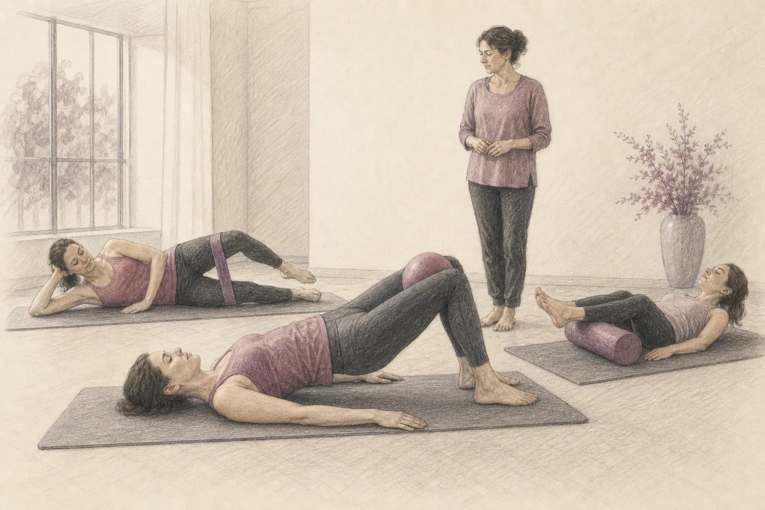 Illustrazione di una lezione Matwork con fascia elastica, palla morbida e foam roller