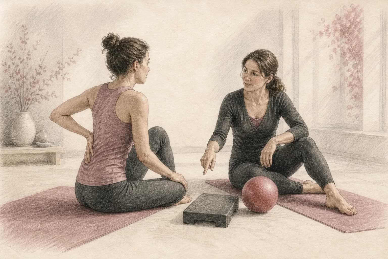 Illustrazione di una donna che fa domande all’insegnante prima di scegliere tra tappetino e Reformer