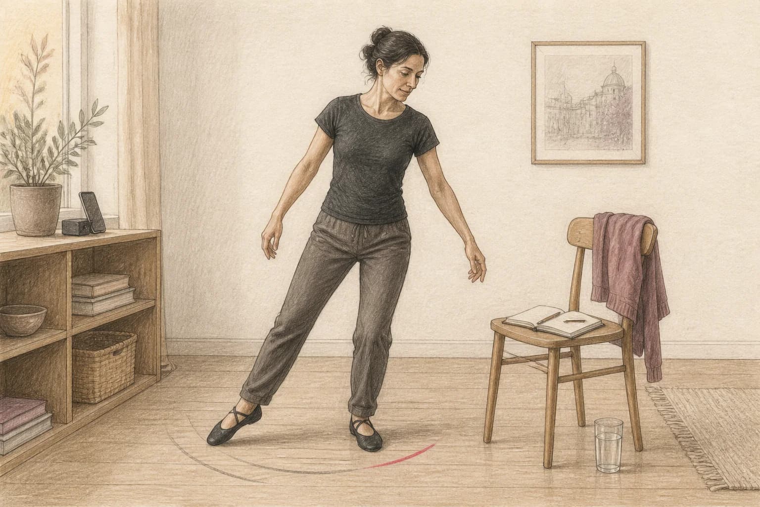 Illustrazione di una principiante che ripassa a casa un solo elemento fra due lezioni
