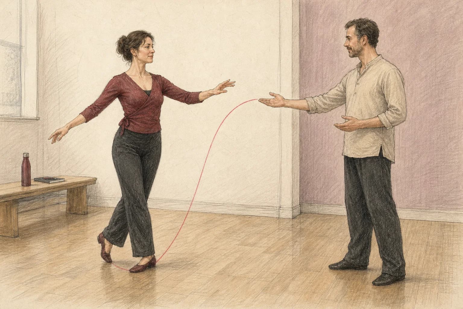 Illustrazione di una ballerina che confronta il proprio passo individuale con il successivo lavoro di coppia guidato in studio