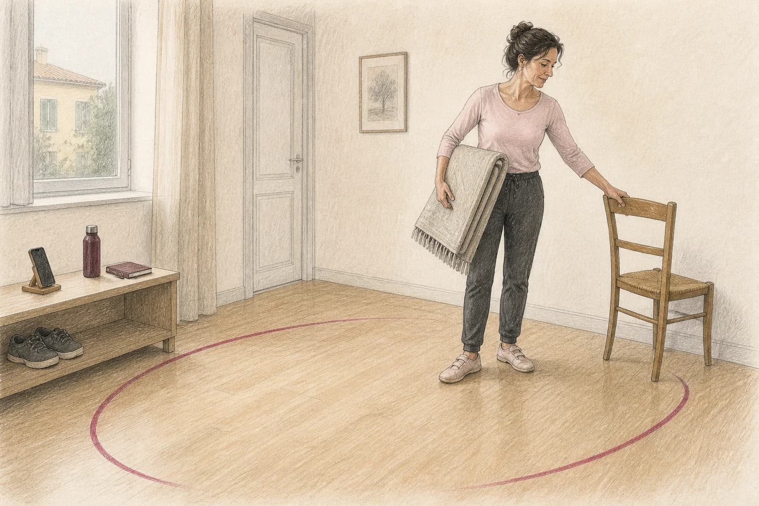 Illustrazione di una principiante che libera un piccolo spazio domestico e controlla pavimento, scarpe e telefono prima di ballare