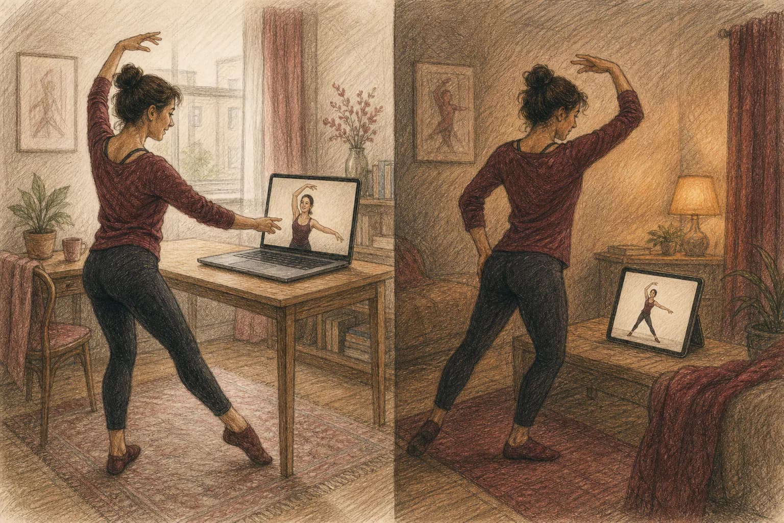 Illustrazione di due momenti di apprendimento: una lezione in diretta e una pratica guidata da un video registrato
