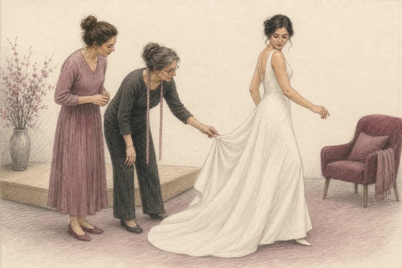 Illustrazione di una prova in atelier con passi avanti, laterali e rotazione controllata davanti a una sarta