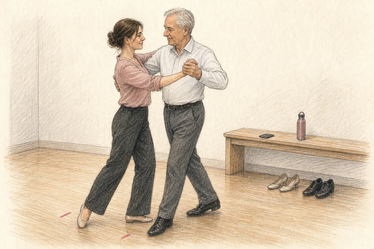 Illustrazione di una persona adulta che prova pochi passi con il padre mentre una sedia, due scarpe e un telefono segnano una prova semplice