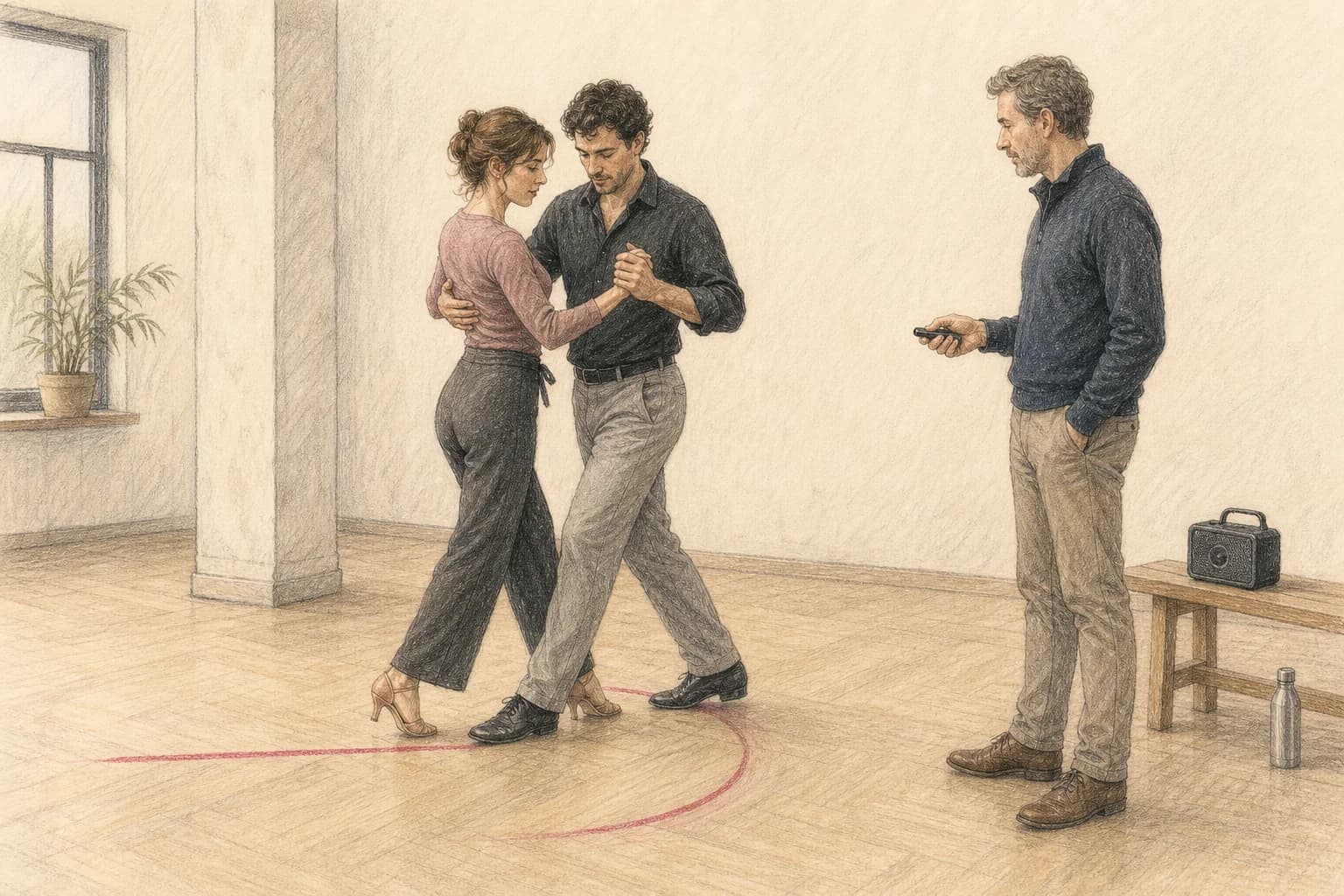 Illustrazione di una coppia che prova due movimenti sulla stessa canzone mentre l’insegnante osserva equilibrio e direzione