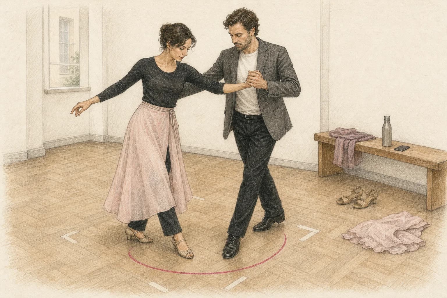 Illustrazione di una coppia che verifica scarpe, ingombro dell’abito e spazio per un ballo semplice