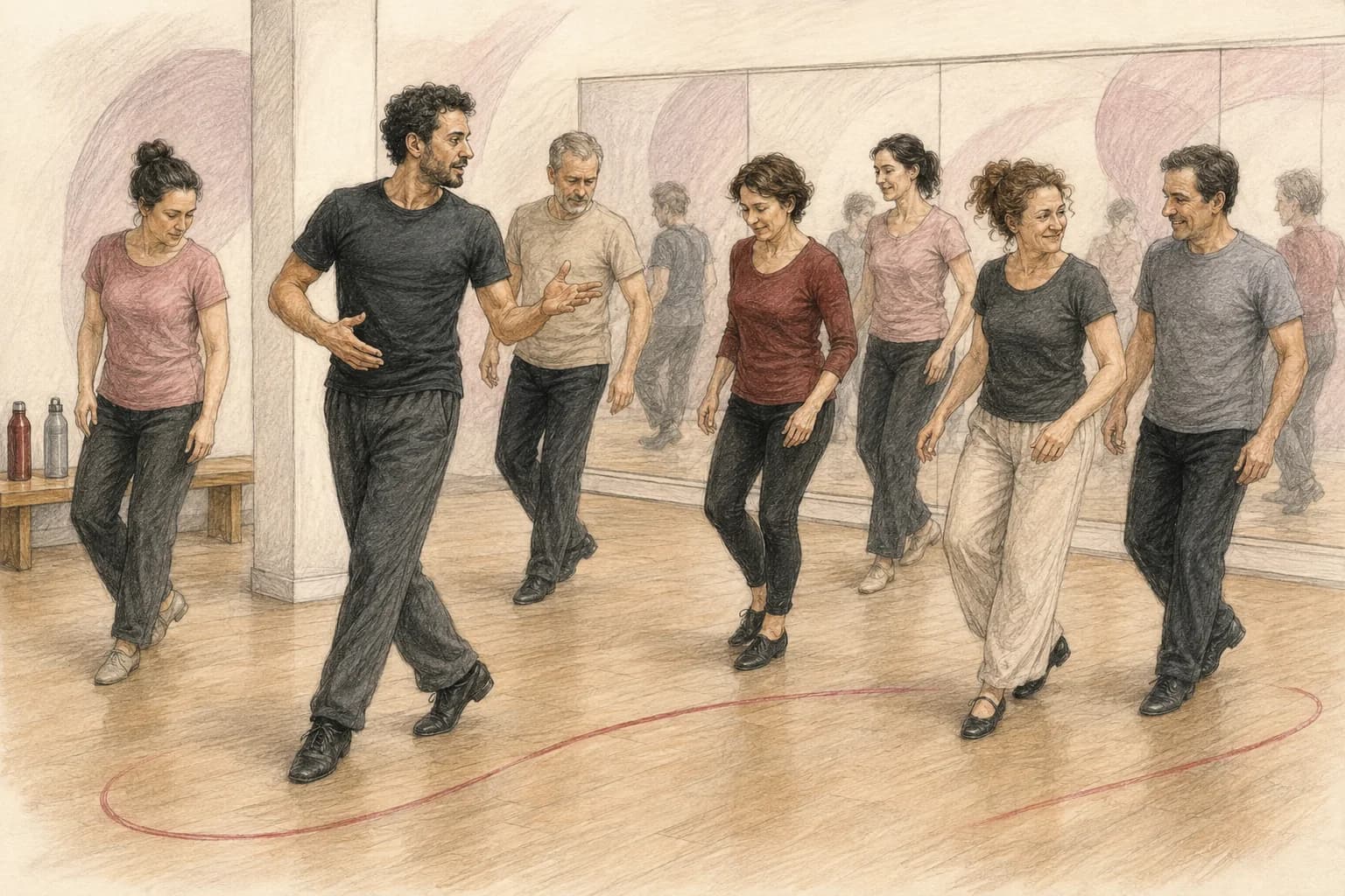 Illustrazione di adulti principianti durante una lezione di prova di Social Dance
