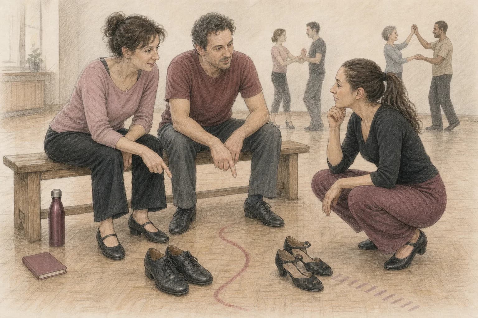 Illustrazione di due principianti che annotano sensazioni concrete dopo avere provato due lezioni di ballo diverse