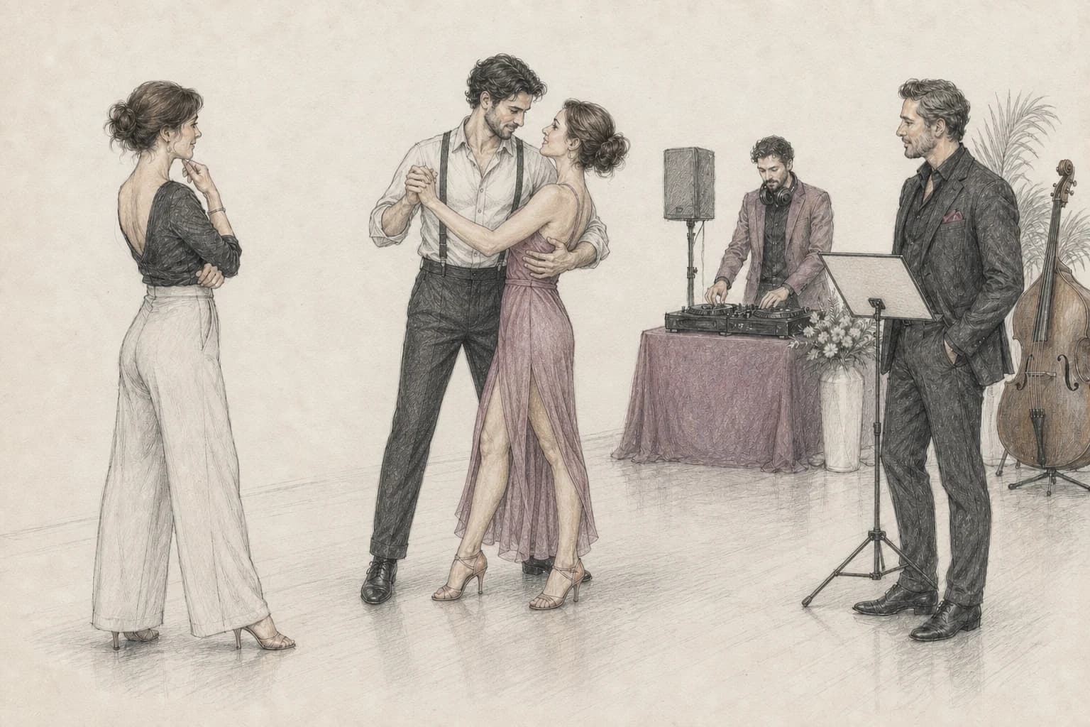 Illustrazione di una coppia che prova l'edit definitivo mentre DJ e band controllano lo stesso file