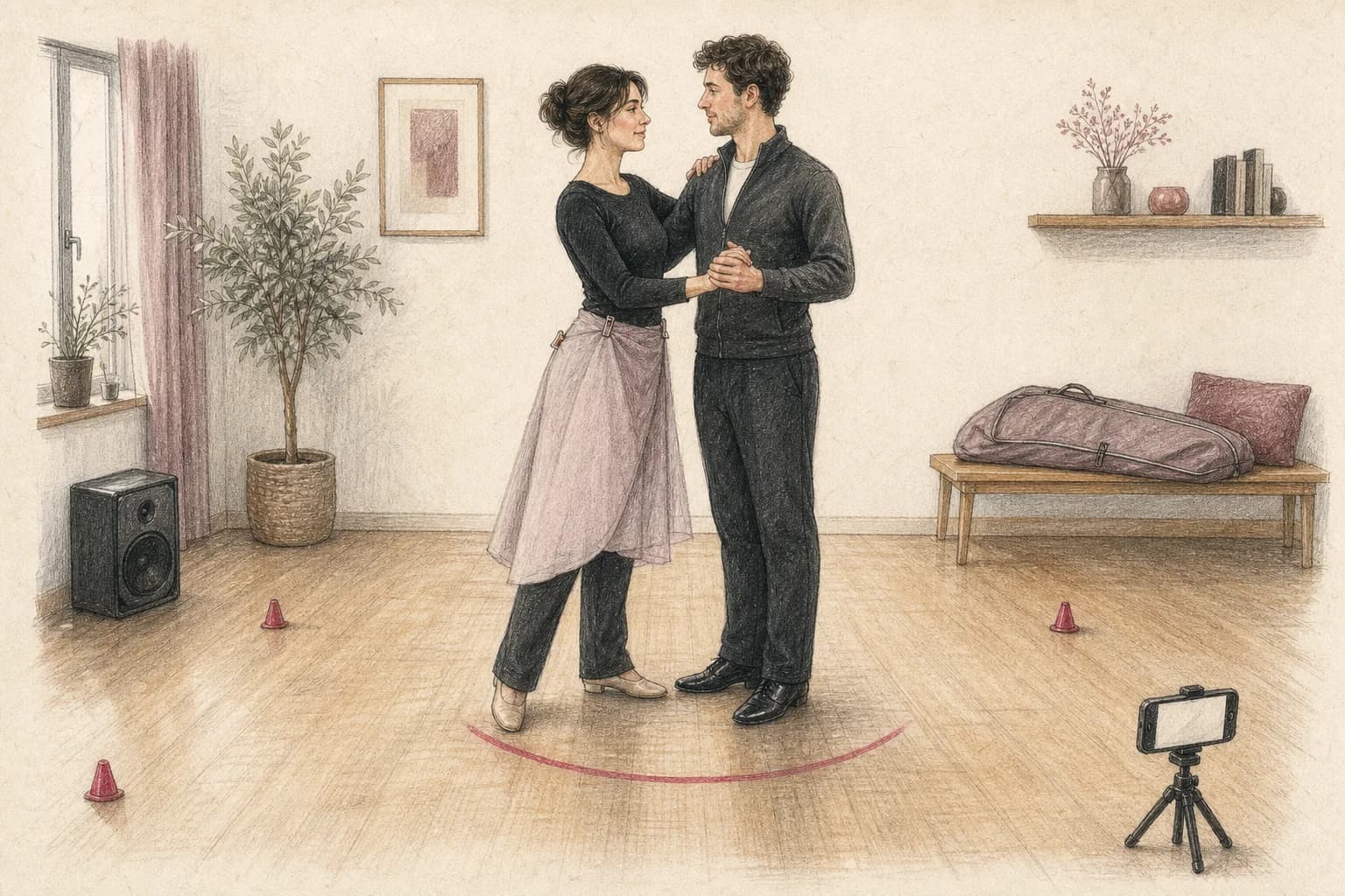Illustrazione di una coppia che simula a casa scarpe, spazio e finale del primo ballo