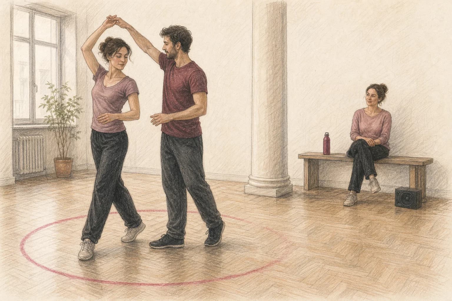 Illustrazione di una coppia che prova il primo ballo davanti a una sola persona fidata prima di aumentare gradualmente l’esposizione