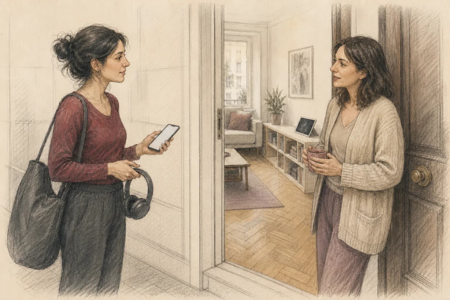 Illustrazione di due vicine che concordano con calma l’orario di una breve pratica di danza