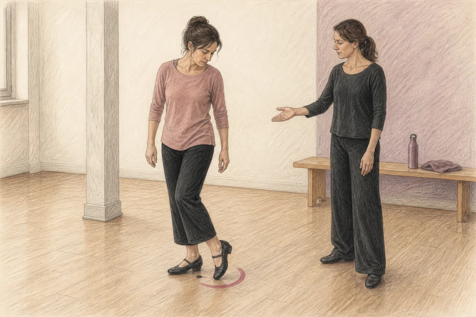 Illustrazione di una principiante che prova appoggio, tallone e piccola rotazione con una scarpa da ballo