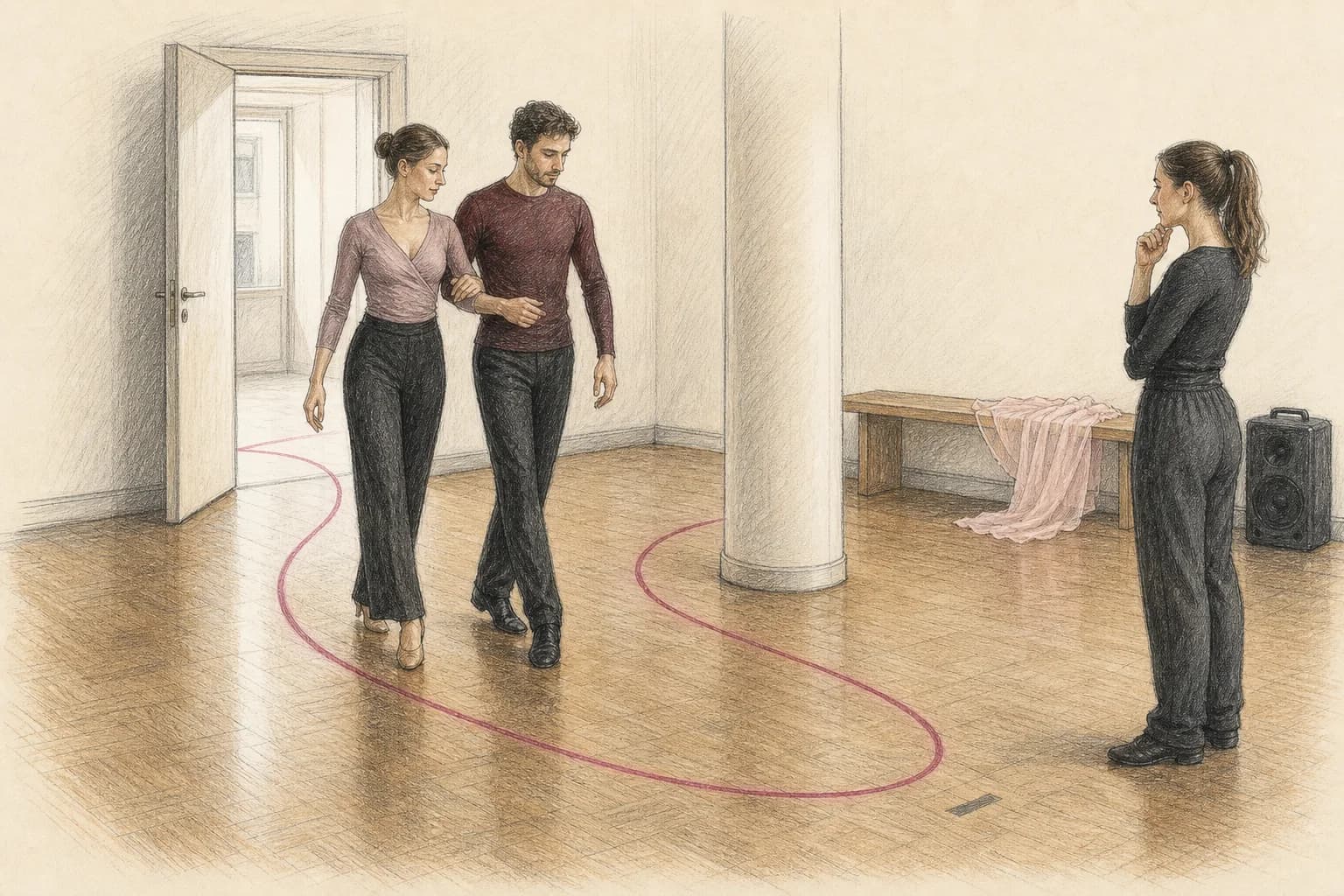 Illustrazione di una coppia che prova con un’insegnante il percorso breve dall’ingresso della sala alla posizione iniziale