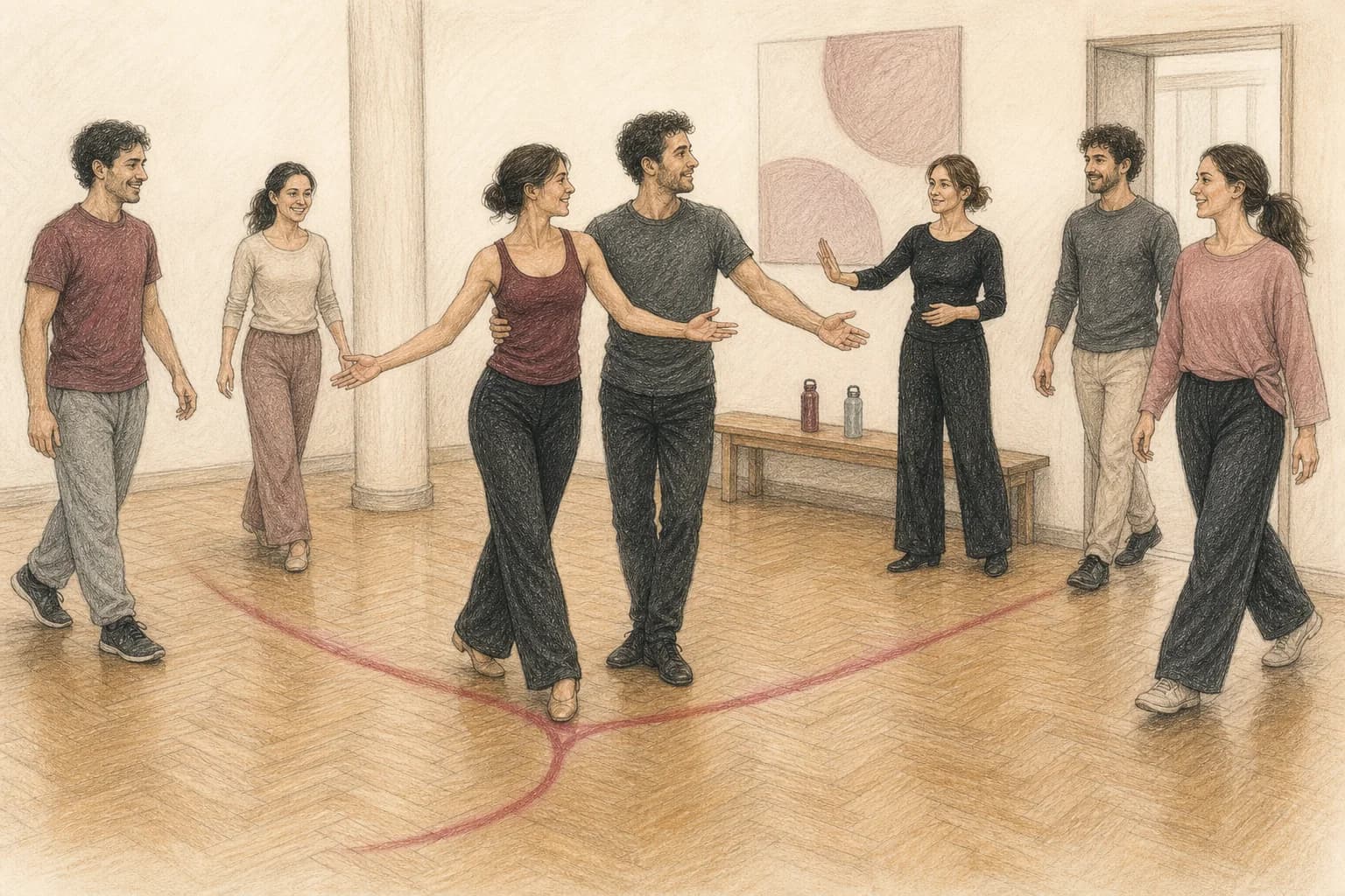 Illustrazione di una coppia che prova con alcuni amici il momento preciso in cui entrare in pista