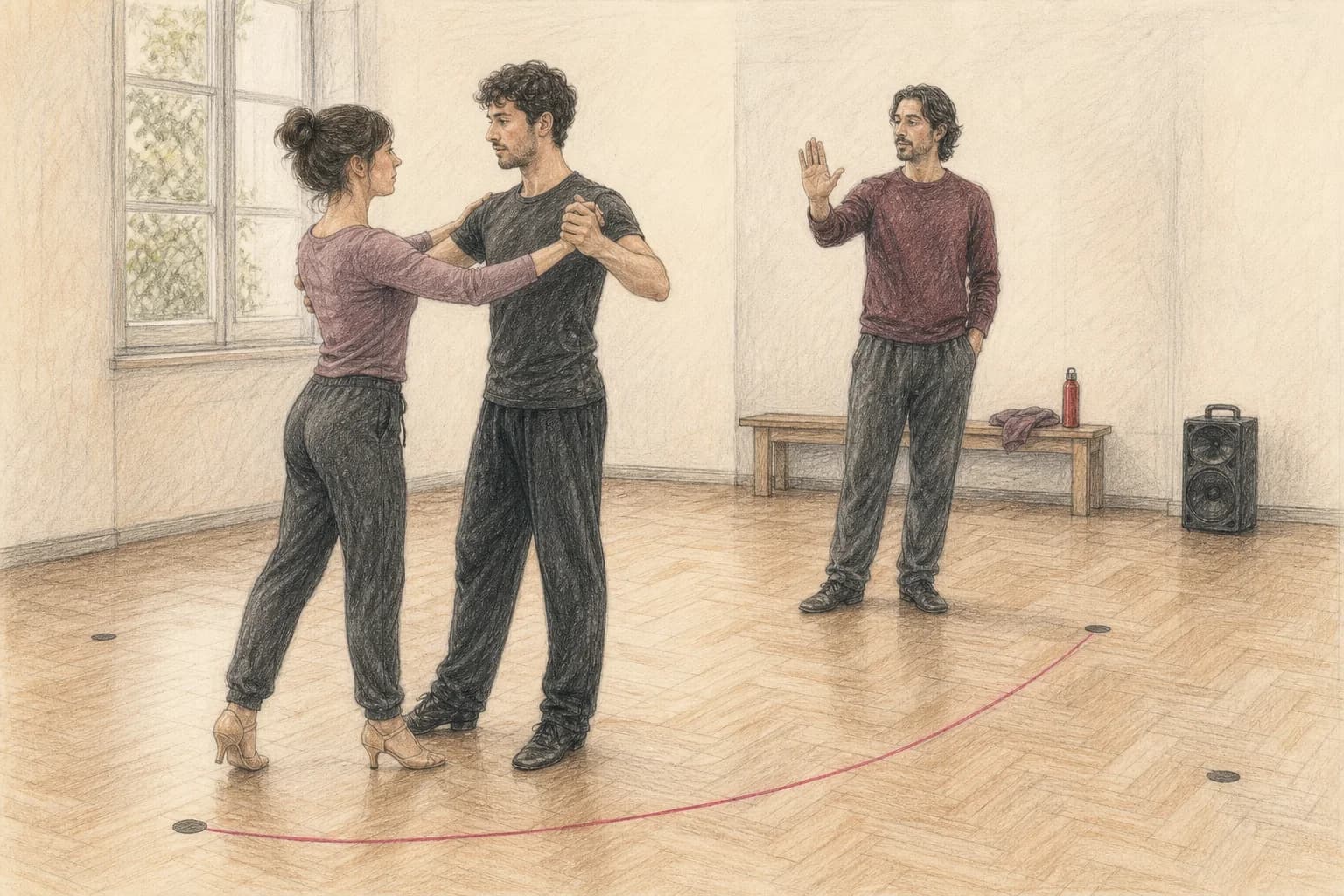 Illustrazione di una coppia e un’insegnante che provano il ritorno al movimento base dopo un’interruzione intenzionale