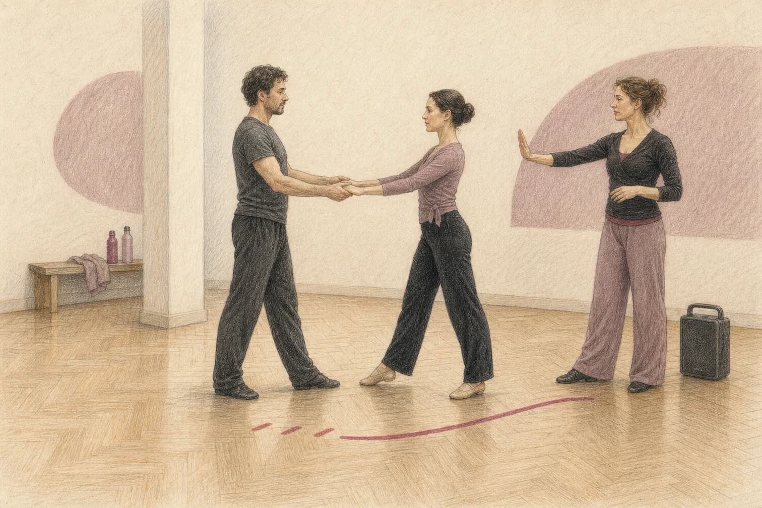 Illustrazione di una coppia e un insegnante che provano il gesto-ponte nel punto esatto in cui cambia la musica