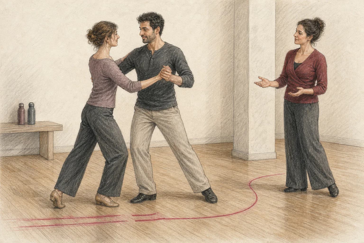 Illustrazione di una coppia che ritrova il movimento base dopo aver perso la sequenza durante una prova
