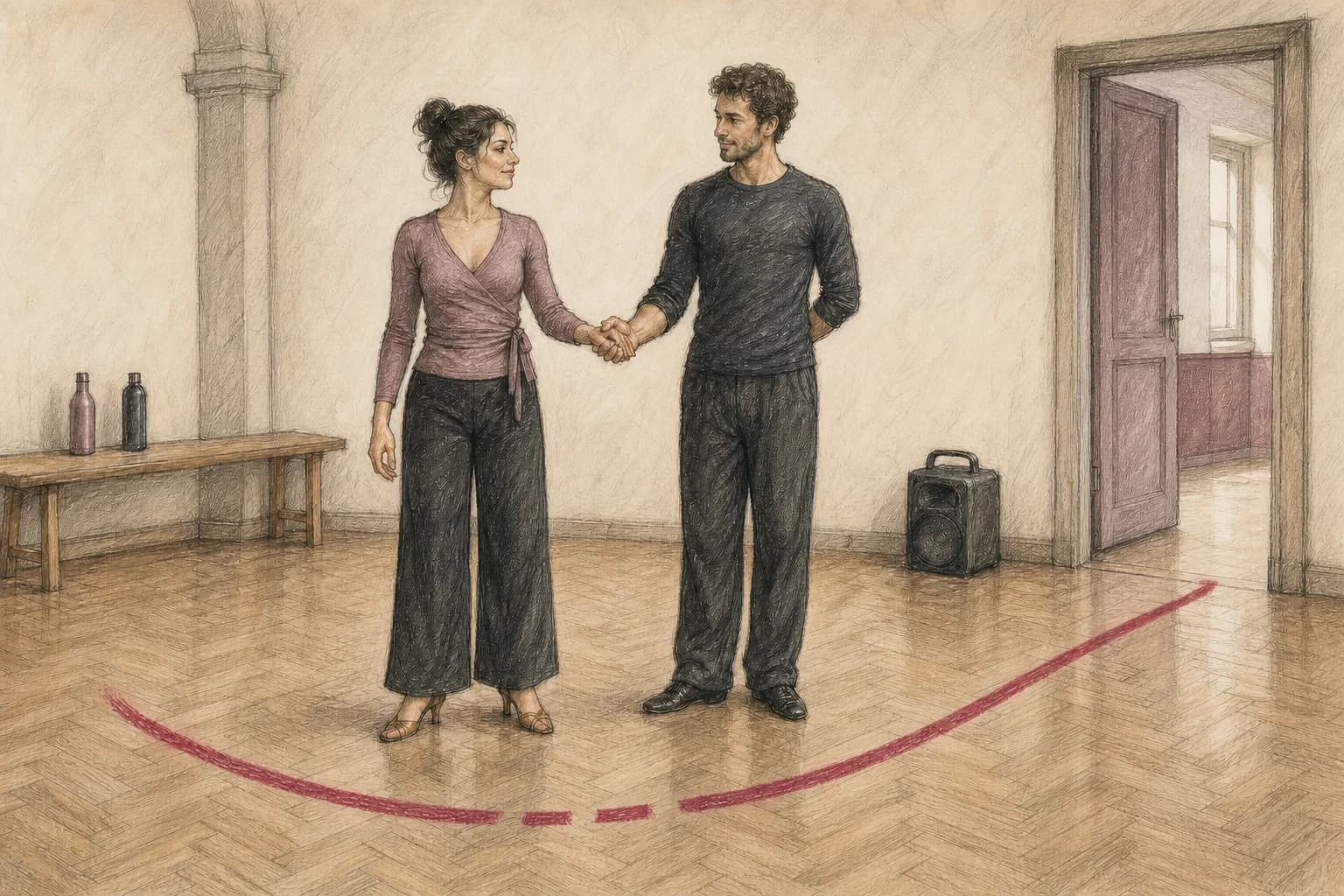 Illustrazione di due ballerini che ritrovano una posizione stabile e rientrano insieme nella sequenza