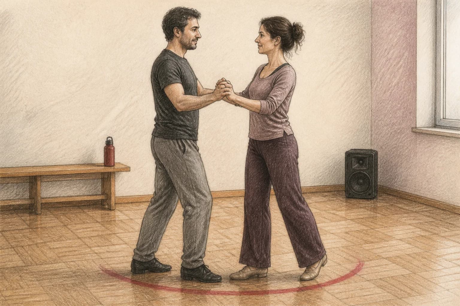 Illustrazione di una coppia che ritrova il movimento base dopo una breve esitazione durante la prova del primo ballo