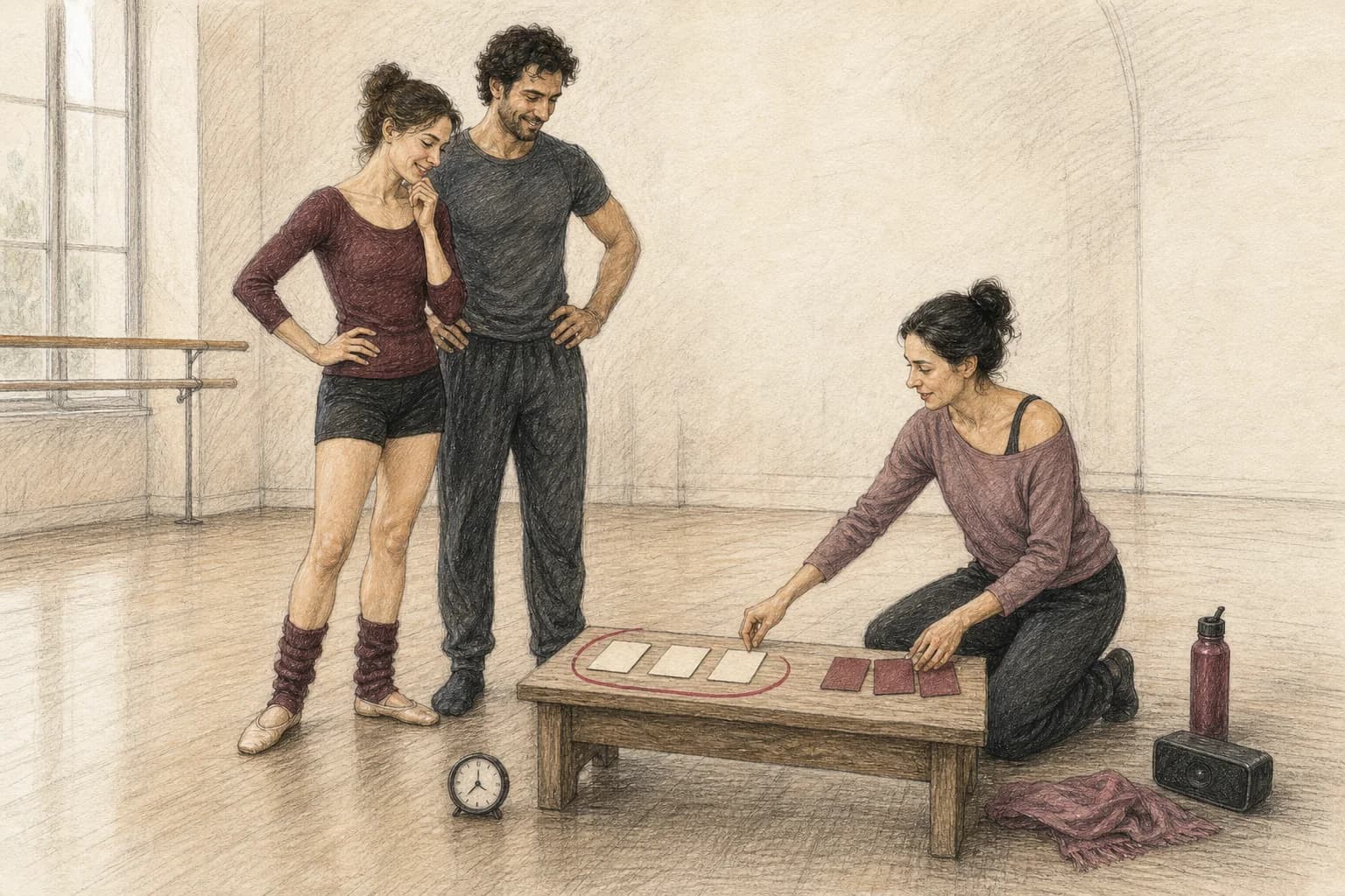 Illustrazione di una coppia e un’insegnante che riducono una coreografia a pochi elementi stabili
