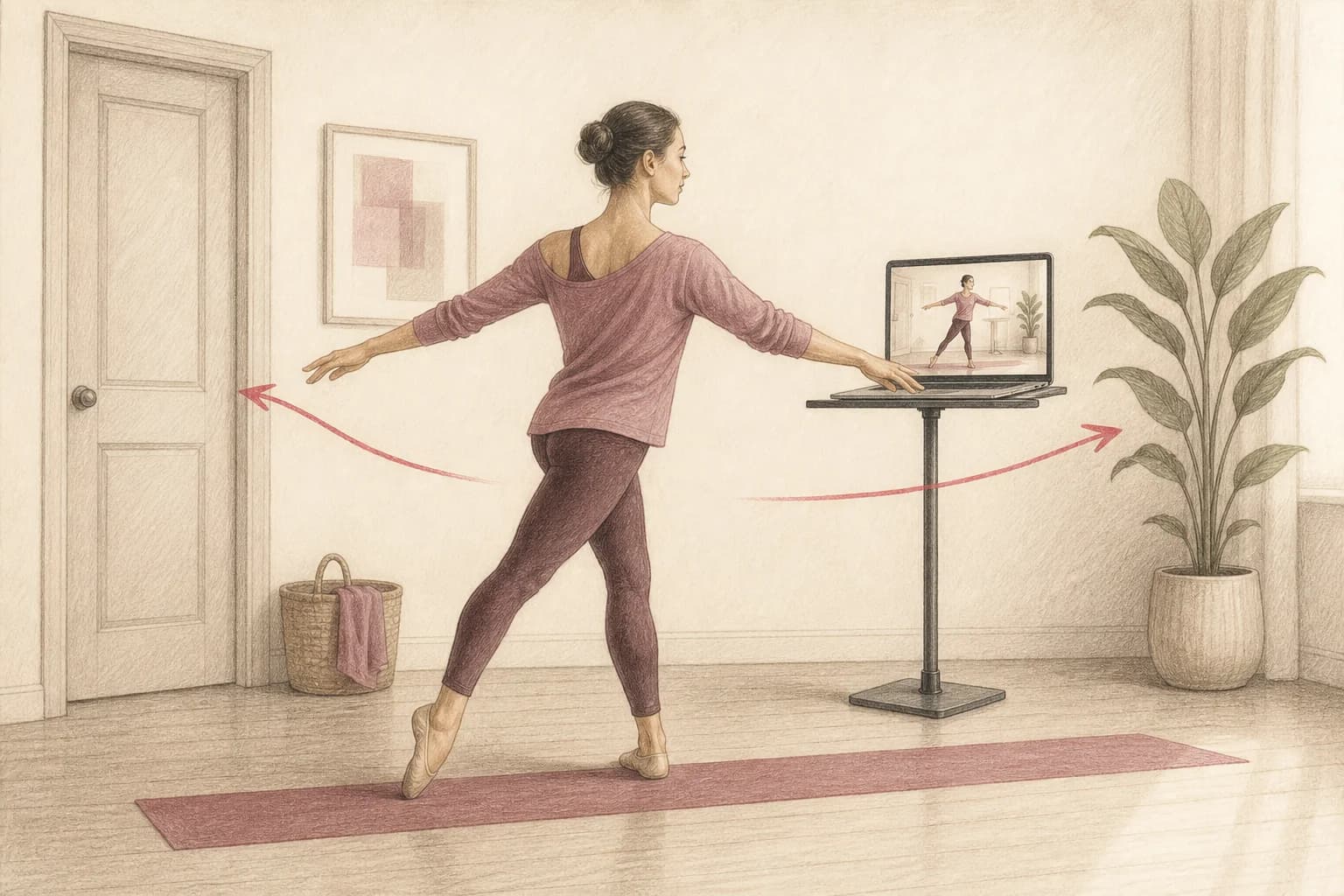 Illustrazione di una principiante che usa porta, finestra e colonna come riferimenti per non invertire una coreografia