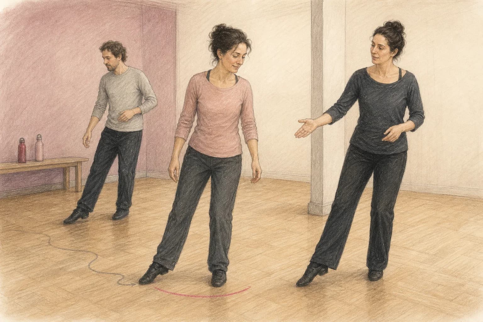 Illustrazione di una principiante che ritrova il passo base dopo aver perso una sequenza