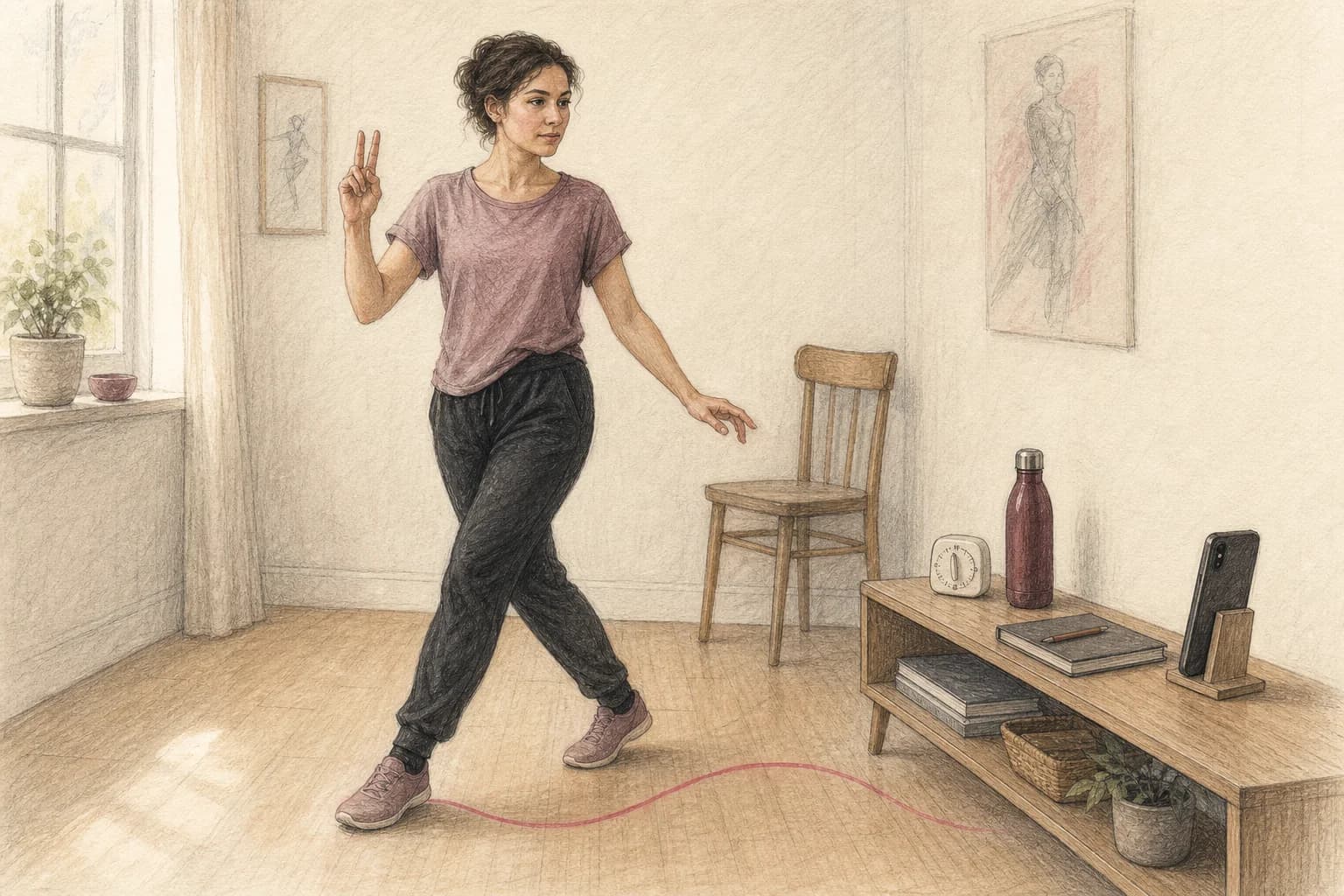 Illustrazione di una principiante che ripete lentamente un breve passo, conta il ritmo e registra un video con il telefono