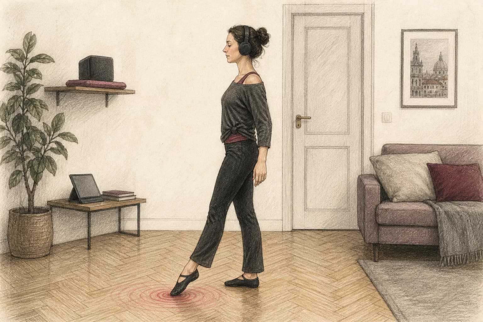 Illustrazione di una ballerina che distingue il suono delle cuffie dall’impatto di un piede sul pavimento