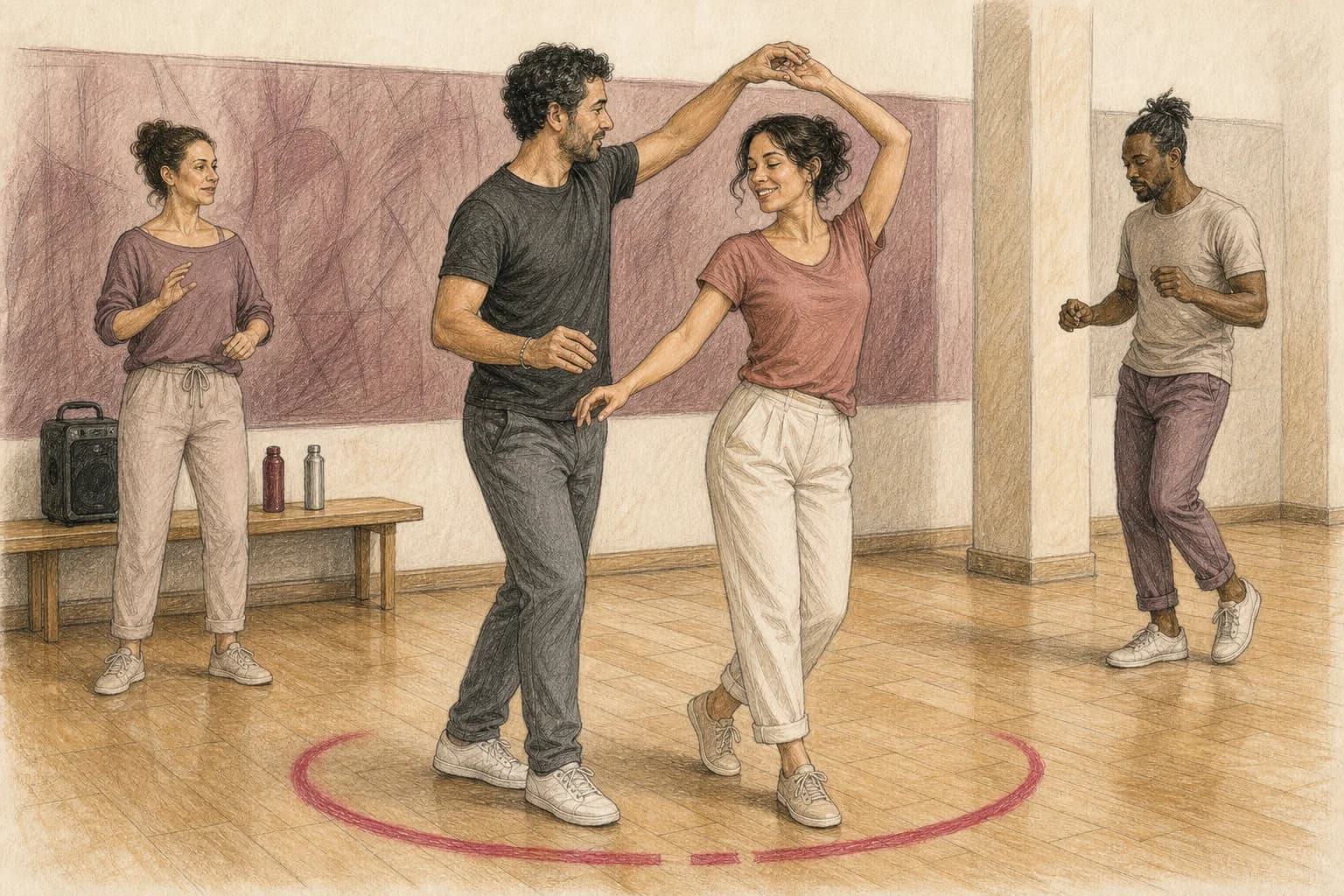 Illustrazione di una coppia che prova un giro di Salsa durante una lezione