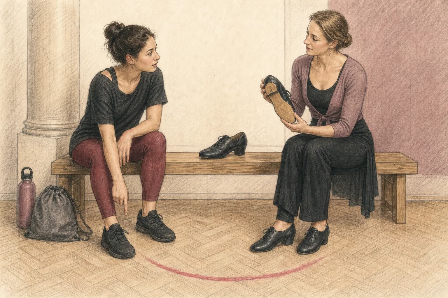Illustrazione di un’insegnante che confronta con una principiante una scarpa pulita da prova e una scarpa tecnica