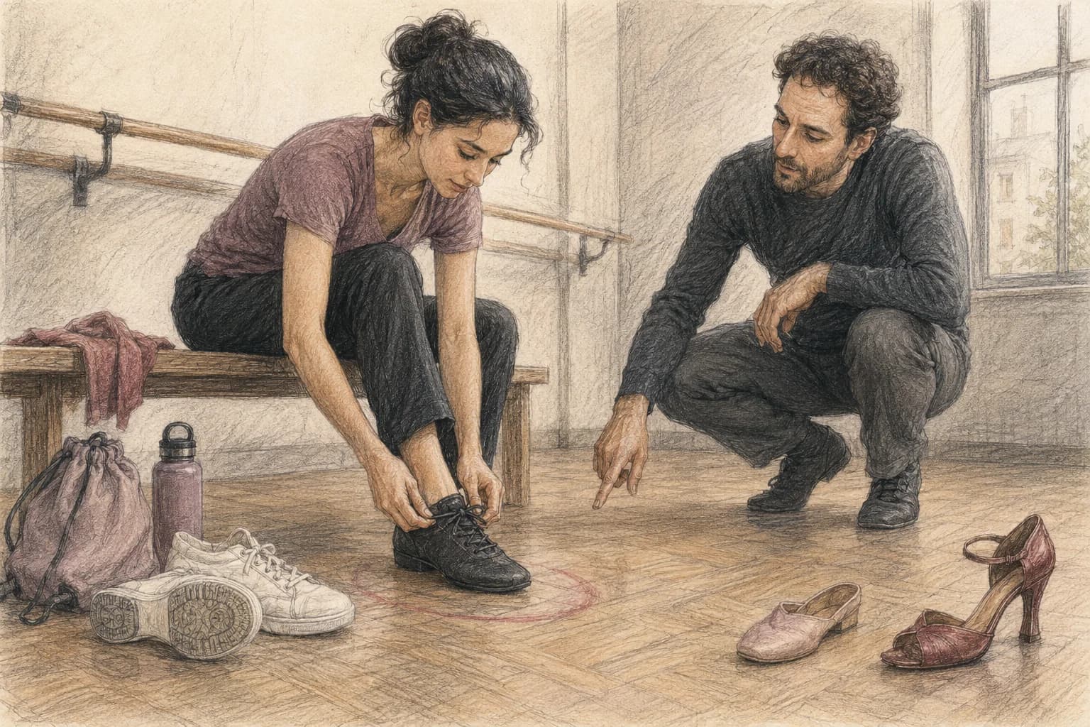 Illustrazione di una principiante che allaccia scarpe pulite e stabili con il consiglio dell’insegnante