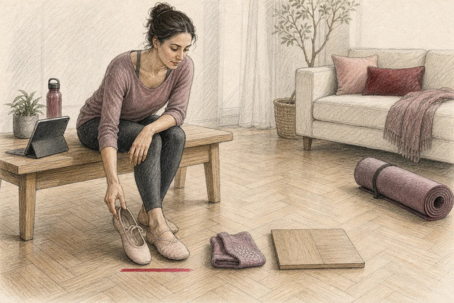 Illustrazione di una donna che confronta scarpe morbide, calze e una superficie stabile prima di ballare
