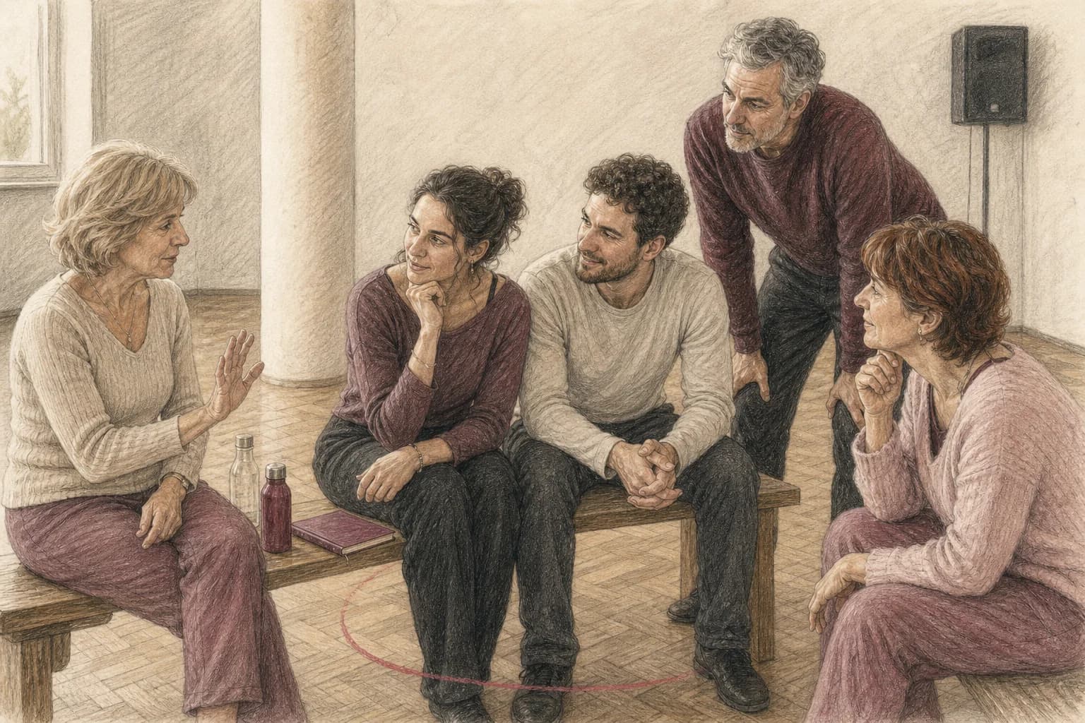 Illustrazione di una coppia che parla in privato con genitori e persone care per scegliere un formato di ballo confortevole