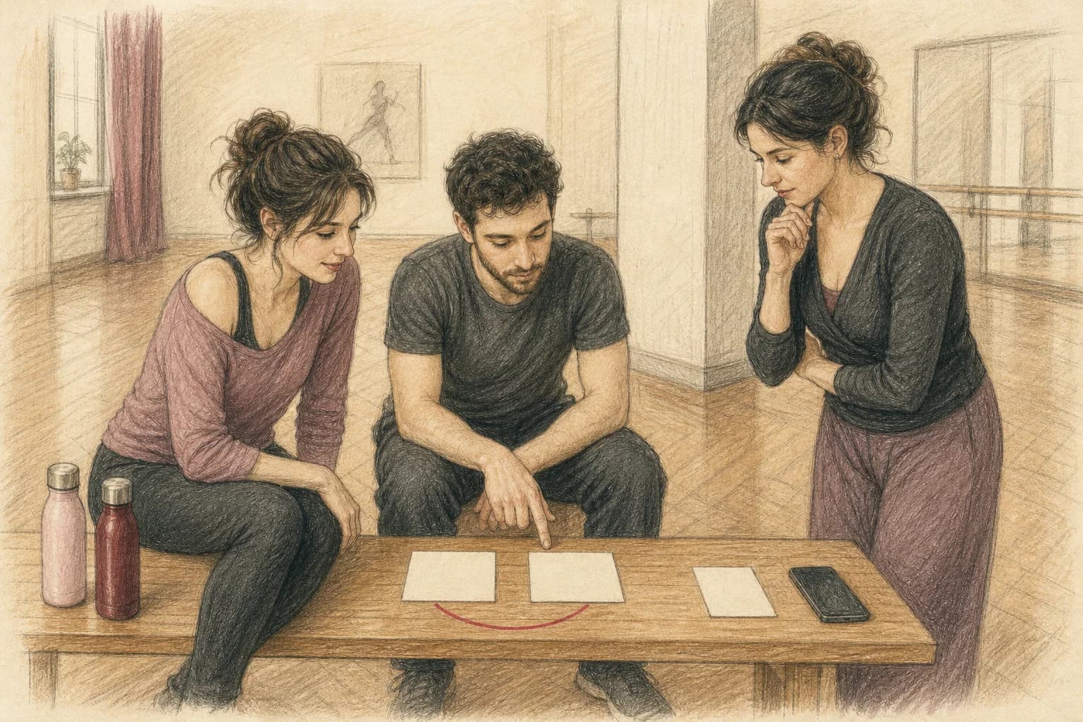 Illustrazione di una coppia che sceglie con un’insegnante quali due momenti musicali conservare nel medley