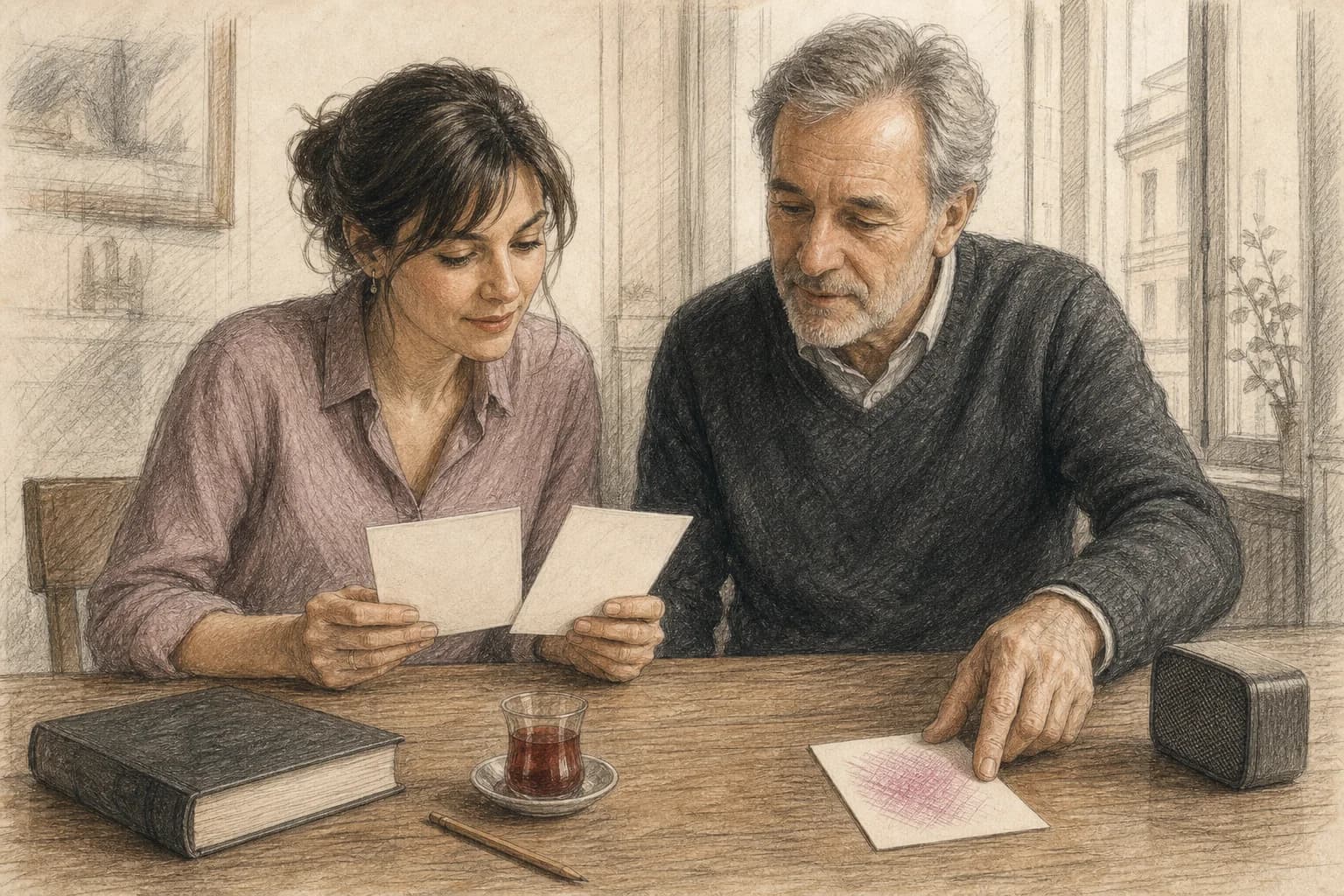 Illustrazione di due familiari che leggono il significato di una canzone e ne scartano con serenità una dal tono troppo romantico