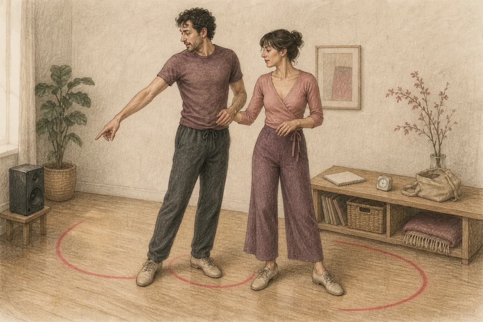 Illustrazione di una coppia che divide una breve prova domestica in ascolto, collegamento ed esecuzione