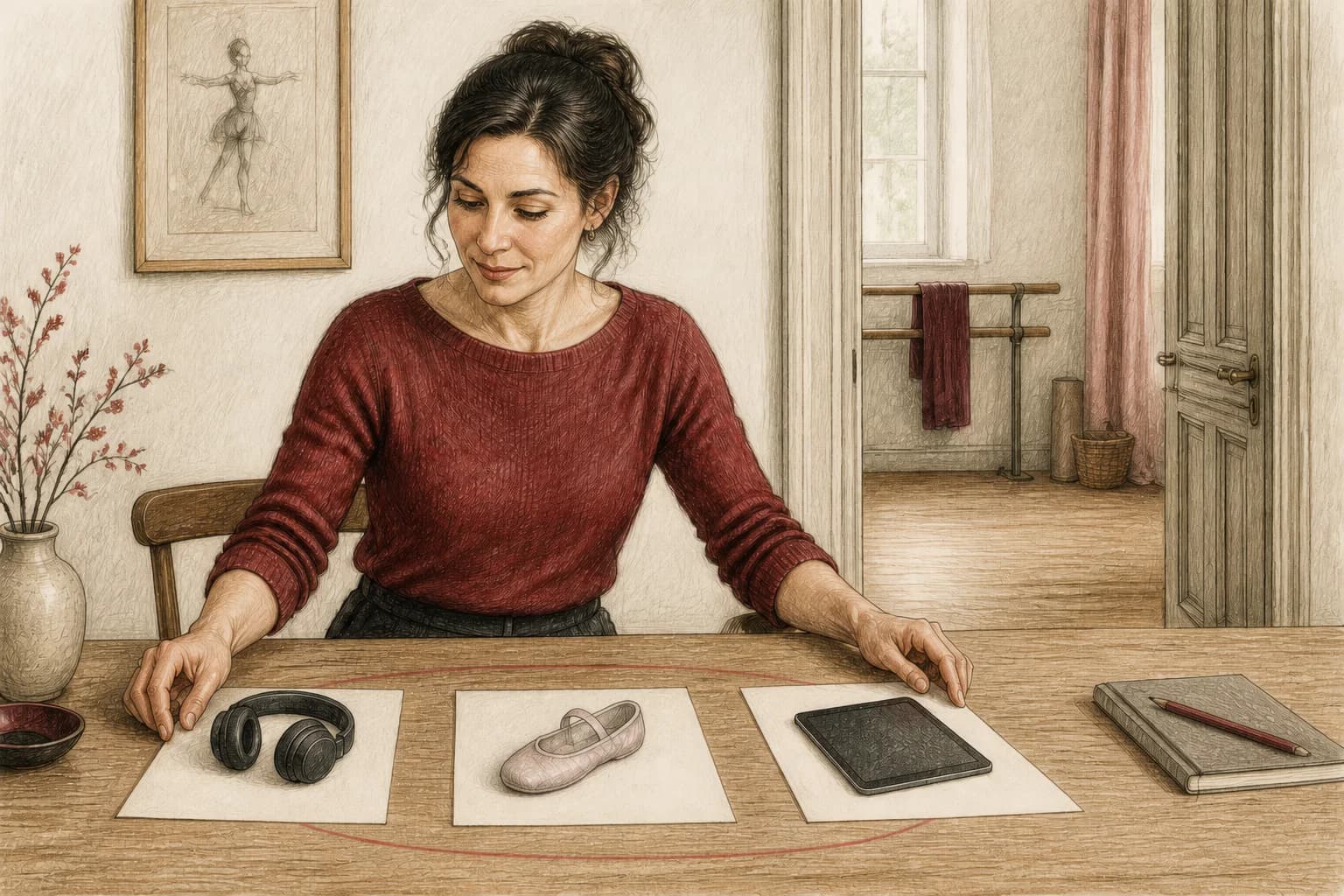 Illustrazione di una donna che organizza tre momenti della settimana tra ascolto, tecnica e pratica a casa