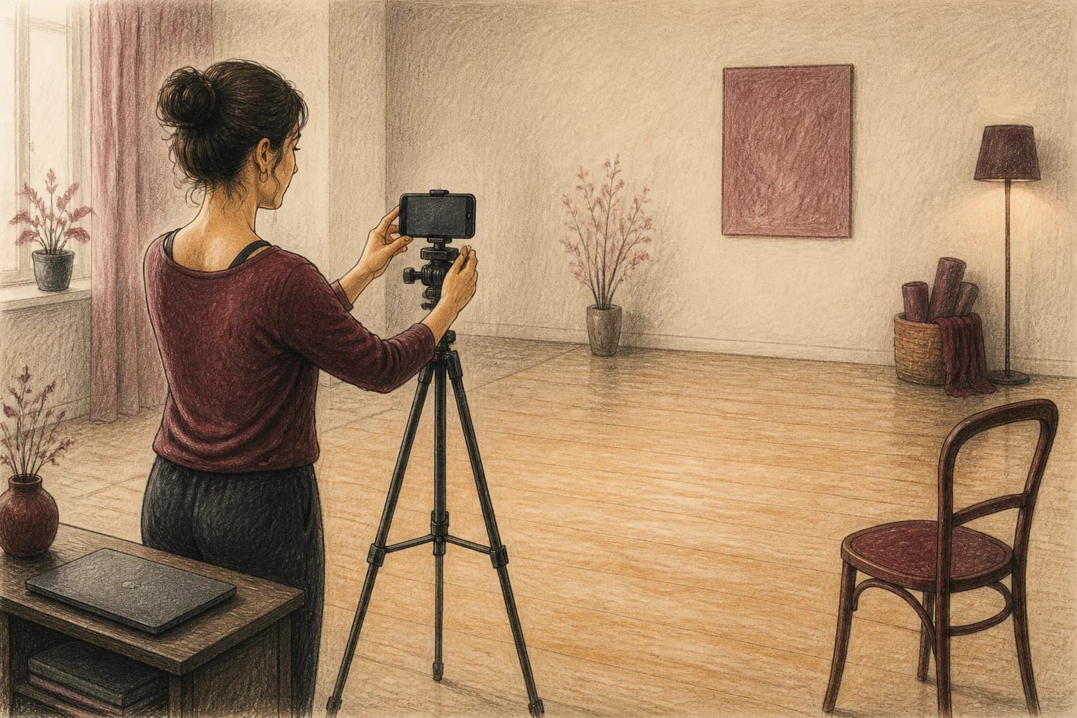 Illustrazione di un setup domestico con telefono stabile, luce frontale e corpo intero visibile