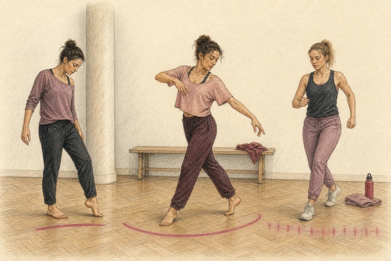 Illustrazione di tre allieve che distinguono lavoro tecnico, coreografia e movimento continuo